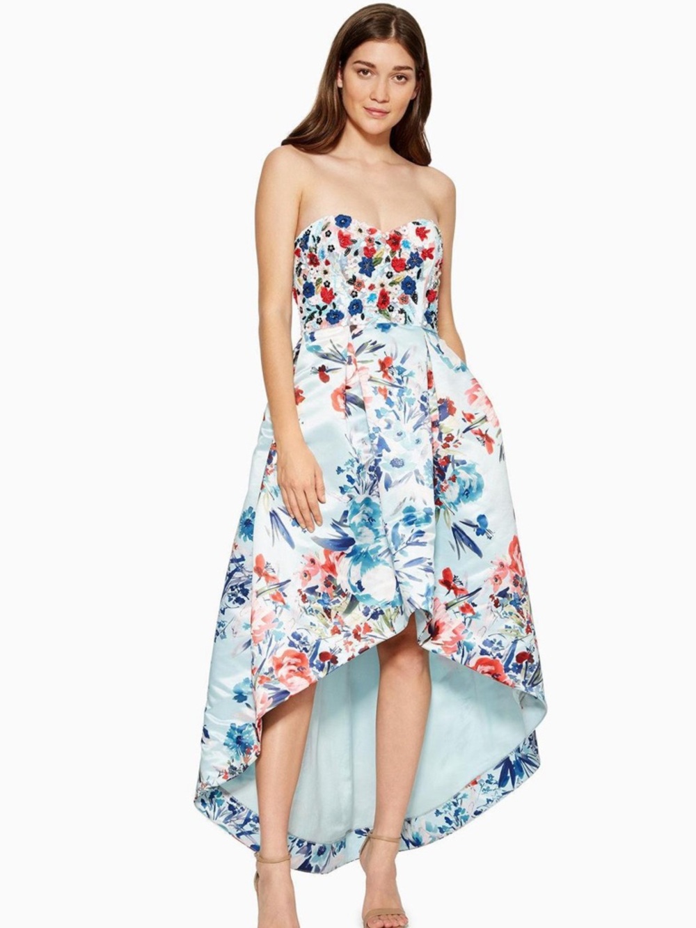 Parker Black Roxanne High/Low Embellished Beaded Floral Dress in Blue, Red, Pink
